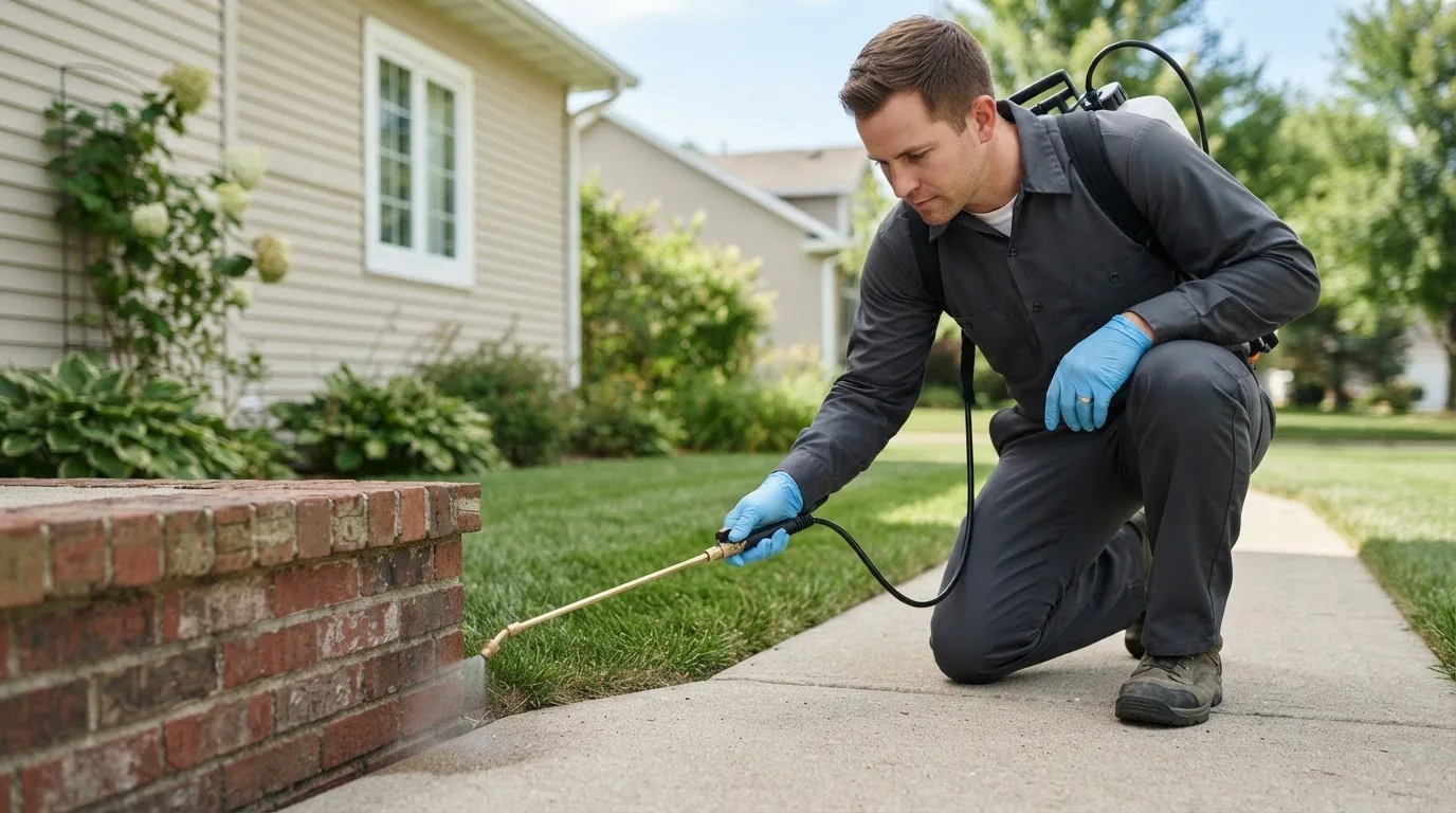 Pest control technician treating a home near Milford, MA
